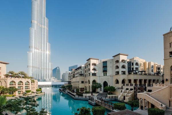 Burj Khalifa and lakes resorts in Dubai, United Arab Emirates